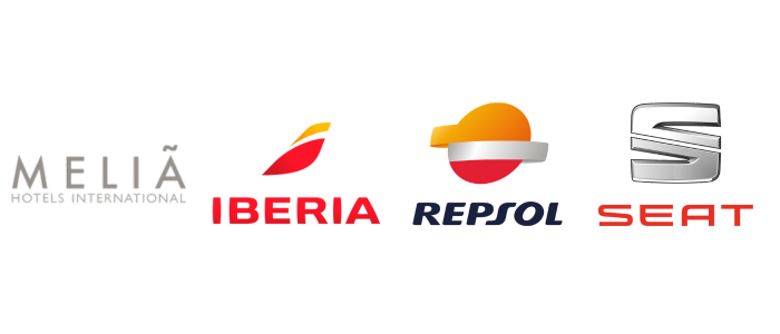 Una imagen con las siguientes marcas: Meliá hoteles, Iberia, Repsol, Seat.