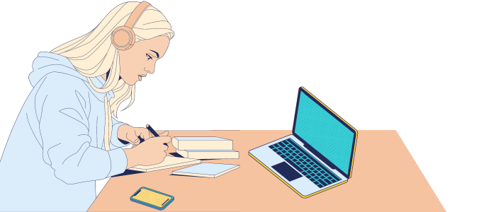 Una chica con auriculares, sentada y escribiendo en un cuaderno. Sobre la mesa hay un ordenador portátil. 