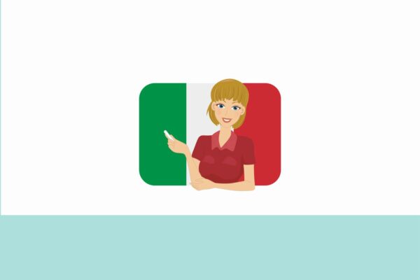 profesora de español con bandera italiana detras